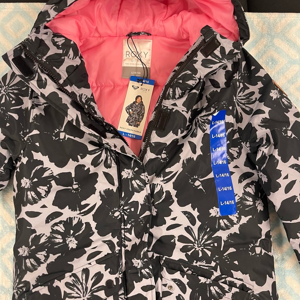 Roxy Kids Black and Pink Floral Puffer Jacket